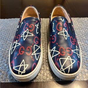 Authentic Gucci GG Logo Stars Navy Slip On Sneakers Shoes Size UK 10.5 / US 11